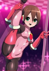 Rule 34 | 1girl, aile (mega man zx), aqua eyes, blush, bodysuit, breasts, brown hair, capcom, cosplay, covered navel, female focus, gloves, hair between eyes, highres, impossible bodysuit, impossible clothes, leg up, mega man (series), mega man battle network, mega man zx, open mouth, pink gloves, pole, robot ears, roll.exe (mega man) (cosplay), short hair, skin tight, small breasts, solo, stripper pole, xenoxeno