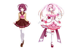 Rule 34 | 2girls, bad id, bad pixiv id, bare shoulders, bow, breasts, cleavage, collar, corset, dress, dual persona, full body, gloves, gradient hair, hair ornament, heart, heart hair ornament, kazunehaka, kneehighs, leg up, magical girl, medium breasts, miniskirt, multicolored hair, multiple girls, neck ribbon, original, pink dress, pink eyes, pink hair, pleated skirt, ribbon, school uniform, serafuku, simple background, skirt, socks, thighhighs, twintails, white background, white gloves, zettai ryouiki