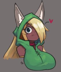 Rule 34 | 1girl, absurdres, alternate form, animal ear fluff, animal ears, armlet, blonde hair, blue eyes, blush, breasts, choker, closed mouth, dark-skinned female, dark skin, doce, fang, female focus, green shirt, grey background, hair over one eye, heart, highres, hood, large breasts, long hair, looking at viewer, shirt, simple background, skin fang, smile, solo, terraria, tunic, upper body, wolf ears, zoologist (terraria)