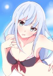 Rule 34 | 1girl, bare shoulders, bikini, blue eyes, blue hair, blue sky, blurry, blurry background, blush, breasts, cleavage, collarbone, enelis, front-tie bikini top, front-tie top, hand on own hip, hand up, idolmaster, idolmaster million live!, idolmaster million live! theater days, light blue hair, light particles, long hair, looking at viewer, low-tied long hair, medium breasts, open mouth, shiraishi tsumugi, sky, solo, sun, swimsuit, two-tone bikini, upper body, very long hair