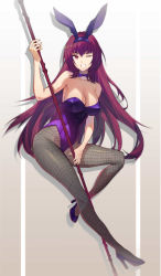 Rule 34 | 1girl, animal ears, bare shoulders, blush, breasts, cleavage, detached collar, fake animal ears, fate/grand order, fate (series), fishnet pantyhose, fishnets, full body, gae bolg (fate), grey pantyhose, grin, hair between eyes, high heels, highleg, highleg leotard, highres, large breasts, leotard, long hair, looking at viewer, official alternate costume, one eye closed, pantyhose, pat bharasarn, playboy bunny, polearm, purple hair, purple leotard, rabbit ears, red eyes, scathach (fate), scathach (piercing bunny) (fate), smile, solo, spear, strapless, strapless leotard, type-moon, very long hair, weapon, wink, wrist cuffs