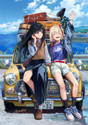 Rule 34 | 2girls, ^ ^, bag, belt, belt buckle, bicycle, black hair, black skirt, blonde hair, blue jacket, blue shirt, blue sky, breasts, brown footwear, brown sweater vest, buckle, car, closed eyes, closed mouth, cloud, collarbone, commentary, copyright name, day, denim, english commentary, floating hair, hair ribbon, highres, horizon, inoue takina, jacket, landscape, leaning on object, license plate, long hair, long sleeves, looking at another, lycoris recoil, medium breasts, midriff peek, mini cooper, mixed-language commentary, motor vehicle, multiple girls, neko (yanshoujie), nishikigi chisato, ocean, open clothes, open jacket, open mouth, outdoors, purple eyes, red belt, red ribbon, revision, ribbon, road, shirt, short hair, shorts, shoulder bag, signature, single off shoulder, skirt, sky, socks, suitcase, sweater vest, teeth, tucking hair, upper teeth only, white footwear, white shorts, white socks