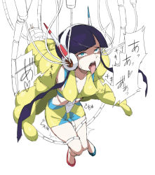 Rule 34 | 1girl, arms behind back, bare legs, bike shorts, black hair, blue eyes, blue footwear, blue shorts, blue tank top, blunt bangs, bound, bound wrists, breasts, breasts apart, cable, coat, collarbone, covered erect nipples, creatures (company), crop top, crying, drooling, elesa (pokemon), flats, full body, fur coat, furrowed brow, game freak, gym leader, headphones, heart, knees together feet apart, leaning forward, leg grab, long hair, medium breasts, midriff, multicolored clothes, nintendo, open clothes, open coat, open mouth, pokemon, pokemon bw2, red footwear, ribs, rolling eyes, saliva, shorts, sidelocks, simple background, sleeveless, solo, streaming tears, tank top, tears, teeth, tentacles, tesu, tongue, tongue out, translation request, trembling, unaligned breasts, upper teeth only, very long hair, white background, yellow coat, yellow shorts, yellow tank top