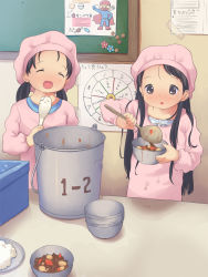 Rule 34 | 2girls, :d, :o, anyannko, apron, bad id, bad pixiv id, black hair, blush, bowl, child, closed eyes, curry, food, hat, highres, kappougi, ladle, multiple girls, open mouth, original, pot, rice, smile, twintails