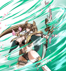 Rule 34 | 10s, 1girl, alternate breast size, animal ears, arrow (projectile), bow (weapon), breasts, brown hair, cleavage, drawing bow, erune, female focus, gradient background, granblue fantasy, hair ornament, highres, holding, holding bow (weapon), holding weapon, jewelry, large breasts, leotard, long hair, metera (granblue fantasy), solo, thighhighs, torii5011, weapon