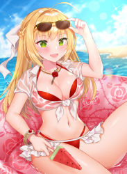 Rule 34 | 1girl, :d, adjusting eyewear, ahoge, arm up, bangle, beach, bikini, bikini under clothes, blonde hair, bracelet, braid, breasts, cleavage, collared shirt, crop top, day, eyewear on head, fate/grand order, fate (series), front-tie top, green eyes, halterneck, hand on eyewear, highleg, highleg bikini, innertube, jewelry, large breasts, long hair, looking at viewer, microskirt, midriff, nail polish, naomi (fantasia), navel, necklace, nero claudius (fate), nero claudius (fate) (all), nero claudius (swimsuit caster) (fate), ocean, open mouth, outdoors, red bikini, see-through, shirt, short sleeves, showgirl skirt, skirt, sky, smile, solo, stomach, sunglasses, sunlight, swim ring, swimsuit, thighs, water, wet, wet clothes, wet shirt, white shirt, white skirt