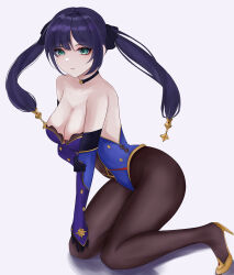 Rule 34 | 1girl, absurdres, alternate breast size, bare shoulders, black choker, black gloves, black hair, blue leotard, bodystocking, breasts, brown pantyhose, choker, cleavage, collarbone, commentary, elbow gloves, eyebrows hidden by hair, eyes visible through hair, floating hair, full body, genshin impact, gloves, gold footwear, green eyes, hair ornament, high heels, highres, jewelry, juna (user zhur2554), kneeling, large breasts, leotard, long hair, looking at viewer, mona (genshin impact), neck, necklace, no headwear, pantyhose, parted lips, purple hair, sidelocks, simple background, solo, star (symbol), star hair ornament, strapless, strapless leotard, twintails, white background
