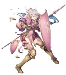 Rule 34 | 1girl, armor, armored boots, boots, damaged, effie (fire emblem), fire emblem, fire emblem fates, fire emblem heroes, full body, gloves, green eyes, grey hair, haccan, hair bun, highres, injury, nintendo, official art, polearm, ryona, shield, single hair bun, solo, spear, teeth, torn clothes, transparent background, weapon