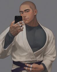 Rule 34 | 1boy, :q, absurdres, bandaid, bandaid on face, bandaid on nose, bara, buzz cut, cellphone, dougi, highres, holding, holding phone, large pectorals, light blush, looking at viewer, louis tjxx, male focus, muscular, muscular male, original, pectorals, phone, seductive smile, selfie, shirt, short hair, smartphone, smile, solo, taking picture, taut clothes, taut shirt, thick eyebrows, tongue, tongue out, upper body, very short hair