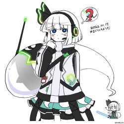 Rule 34 | 2girls, ?, black bow, black bowtie, black hairband, blue eyes, bow, bowtie, bright pupils, commentary, commentary request, cowboy shot, dated, energy sword, ghost, green skirt, hairband, headphones, highres, holding lightsaber, hoshii 1213, jacket, konpaku youmu, konpaku youmu (ghost), konpaku youmu (lunar war gardener), lightsaber, looking at viewer, multiple girls, neon lights, short hair, simple background, skirt, sword, thought bubble, touhou, touhou lostword, twitter username, weapon, white background, white hair, white jacket, white pupils