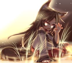 Rule 34 | 1girl, animal ears, arm support, bad id, bad pixiv id, barefoot, brown hair, claw pose, fang, fingernails, glowing, glowing eyes, imaizumi kagerou, long fingernails, long hair, long sleeves, looking at viewer, musao, nail polish, on ground, open mouth, orange eyes, red nails, red skirt, sharp fingernails, shirt, sitting, skirt, sleeves past wrists, solo, tail, toenails, touhou, v-shaped eyebrows, very long hair, white shirt, wide sleeves, wolf ears, wolf girl, wolf tail, yokozuwari