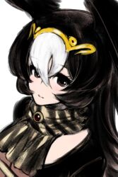 Rule 34 | 1girl, bird girl, bird wings, black dress, black hair, black wings, dress, feathered wings, head wings, ise (0425), kemono friends, long hair, looking at viewer, multicolored hair, scarf, simple background, solo, striated caracara (kemono friends), two-tone hair, upper body, white hair, wings