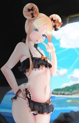 Rule 34 | 1girl, abigail williams (emerald float) (fate), abigail williams (fate), absurdres, bare shoulders, bikini, black bikini, black bow, black skirt, blonde hair, blue eyes, blue sky, blush, bow, breasts, closed mouth, clothes lift, collarbone, double bun, emerald float, fate/grand order, fate (series), forehead, frilled bikini, frills, hair bow, hair bun, highres, lens flare, long hair, looking at viewer, microskirt, multiple hair bows, navel, official alternate costume, orange bow, parted bangs, polka dot, polka dot bow, scrunchie, shinonome halltro, skirt, skirt lift, sky, small breasts, smile, swimsuit, thighs, tongue, tongue out, wrist scrunchie