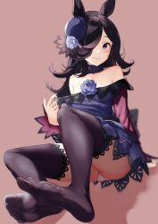 Rule 34 | 1girl, absurdres, animal ears, arm support, bare shoulders, black hair, black thighhighs, blue flower, blue headwear, blue rose, brown background, choker, closed mouth, clothes pull, dress, dress pull, flower, full body, fuwamozzi, hair flower, hair ornament, hair over one eye, hashtag-only commentary, highres, horse ears, horse girl, knees up, long hair, long sleeves, looking at viewer, off-shoulder dress, off shoulder, panties, pulling own clothes, purple choker, purple dress, purple eyes, purple flower, purple rose, rice shower (umamusume), rose, sitting, smile, soles, solo, thighhighs, umamusume, underwear, white panties