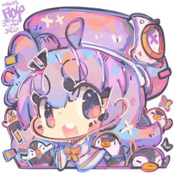 Rule 34 | 1girl, :d, ahoge, bird, blush stickers, bowtie, chibi, dated, goddess of victory: nikke, jrpencil, long hair, multicolored hair, open mouth, orange bow, orange bowtie, penguin, purple hair, rei (nikke), school uniform, signature, smile
