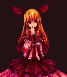 Rule 34 | 1girl, artist request, bat wings, black background, blonde hair, bow, dress, finger to mouth, fingernails, frilled skirt, frills, gothic lolita, granblue fantasy, head wings, highres, large bow, lolita fashion, long fingernails, long hair, looking at viewer, red bow, red dress, red eyes, resolution mismatch, shadowverse, shingeki no bahamut, skirt, source smaller, vampire, vampy, wings