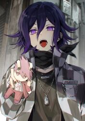 Rule 34 | 1boy, absurdres, alternate costume, black scarf, character doll, checkered clothes, checkered jacket, collarbone, danganronpa (series), danganronpa v3: killing harmony, fangs, flipped hair, highres, holding, jacket, jewelry, male focus, momota kaito, multicolored hair, nanin, necklace, open clothes, open jacket, oma kokichi, pink eyes, purple hair, scarf, solo, teeth, tongue, tongue out, two-tone hair
