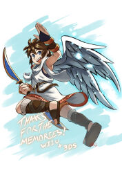 Rule 34 | 1boy, absurdres, angel, angel wings, blue eyes, bow (weapon), brown hair, full body, highres, holding, holding bow (weapon), holding weapon, kid icarus, kid icarus uprising, knerr, male focus, nintendo, pit (kid icarus), scarf, signature, smile, solo, vambraces, weapon, white scarf, wings