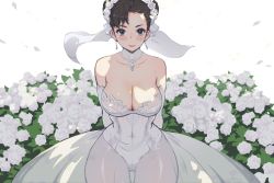 Rule 34 | 1girl, absurdres, arms behind back, asymmetrical hair, bare shoulders, blush, breasts, bridal veil, bride, brown eyes, brown hair, capcom, chimjoljol (cute goblin), choker, chun-li, cleavage, collarbone, commentary, dappled sunlight, double bun, dress, earrings, elbow gloves, english commentary, flower, gloves, hair bun, highres, jewelry, large breasts, lipstick, makeup, petals, rose, see-through, see-through dress, short hair, solo, strapless, strapless dress, street fighter, street fighter v, sunlight, veil, wedding dress, white dress, white flower, white gloves, white rose, wide hips
