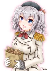 Rule 34 | 1girl, artist name, bag, blue eyes, commentary request, dated, epaulettes, food, gloves, highres, jacket, kantai collection, kashima (kancolle), long sleeves, military jacket, neckerchief, paper bag, red neckerchief, sidelocks, silver hair, solo, taiyaki, tsurime, twintails, upper body, ura tomomi, wagashi, wavy hair, white background, white gloves, white jacket