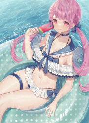 Rule 34 | 1girl, :q, afloat, bikini, blue bikini, blue hair, blue sailor collar, blunt bangs, blush, braid, breasts, cleavage, closed mouth, collarbone, day, feet out of frame, food, frilled bikini, frilled sailor collar, frills, highres, holding, holding food, hololive, innertube, large breasts, layered bikini, long hair, looking at viewer, me meel, minato aqua, multicolored hair, navel, outdoors, pink eyes, pink hair, popsicle, sailor bikini, sailor collar, sitting, smile, solo, swim ring, swimsuit, thigh gap, thigh strap, tongue, tongue out, twintails, two-tone hair, very long hair, virtual youtuber, water, wet, white bikini