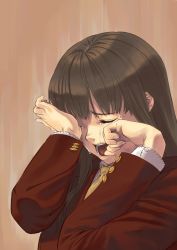 Rule 34 | 1girl, bad id, bad pixiv id, brown hair, buttons, closed eyes, crying, long hair, original, shimotsuki eight, solo, tears, wiping tears
