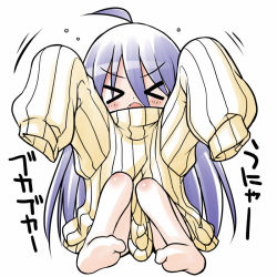 Rule 34 | &gt; &lt;, 1girl, ahoge, akou roushi, bare legs, blue hair, blush, closed eyes, long hair, open mouth, oversized clothes, ribbed sweater, sleeves past wrists, solo, sweater, the ring, very long hair, yamamura sadako