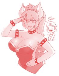 Rule 34 | 1boy, 1girl, :d, bare shoulders, black nails, bowsette, bracelet, breasts, chibi, chibi inset, cleavage, collar, crown, earrings, ekz (robotekz), english text, fang, fingernails, hair between eyes, hand on own hip, highres, horns, jewelry, large breasts, leotard, long hair, looking at viewer, mario, mario (series), monochrome, nail polish, new super mario bros. u deluxe, nintendo, open mouth, pointy ears, ponytail, red theme, signature, simple background, slit pupils, smile, solo focus, spiked bracelet, spiked collar, spiked shell, spikes, super crown, thick eyebrows, turtle shell, upper body, white background