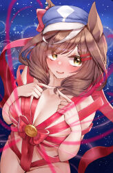 Rule 34 | 1girl, animal ears, breasts, brown hair, cleavage, collarbone, commentary request, fidgeting, groin, hair ornament, hairclip, hat, highres, horse ears, horse girl, looking at viewer, matikane tannhauser (umamusume), medium breasts, naked ribbon, navel, open mouth, ribbon, simple background, solo, tabunshake, umamusume, yellow eyes