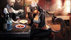 Rule 34 | 2girls, alcohol, animal ears, warrior of light (ff14), bar (place), bar stool, bartender, beer mug, belt, black hair, bottle, breasts, buttons, cat ears, cat girl, cat tail, chair, cleavage, closed mouth, collarbone, collared shirt, counter, cup, curtains, day, dress shirt, drink, drinking glass, elbow rest, facial mark, final fantasy, final fantasy xiv, fisheye, food, fork, formal, grey hair, hair between eyes, hand up, highres, holding, holding bottle, holding cup, indoors, jacket, jewelry, large breasts, leaning forward, light rays, linea alba, long hair, looking at viewer, low neckline, medium hair, midriff, miqo&#039;te, mug, multicolored hair, multiple girls, navel, necklace, one eye closed, pale skin, pants, plate, pouring, purple eyes, purple hair, rosa (hoshino), shirt, sitting, smile, spice, stairs, stomach, stool, streaked hair, table, tail, tan, taut clothes, taut vest, toned, two-tone hair, vest, whisker markings, white shirt, window, wine, wine bottle, wine glass, wing collar, yellow eyes