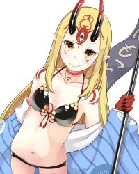 Rule 34 | 1girl, bare shoulders, bikini, black bikini, blonde hair, blue kimono, blush, breasts, brown eyes, closed mouth, collarbone, commentary request, facial mark, fate/grand order, fate (series), forehead mark, groin, highres, ibaraki douji (fate), ibaraki douji (fate/grand order), ibaraki douji (swimsuit lancer) (fate), ibaraki douji (swimsuit lancer) (first ascension) (fate), japanese clothes, kimono, kiyomin, long hair, long sleeves, looking at viewer, navel, off shoulder, pointy ears, shoulder tattoo, simple background, small breasts, smile, solo, swimsuit, tattoo, very long hair, white background, wings