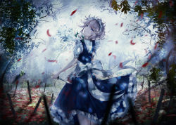 Rule 34 | 1girl, apron, blood, bloody tears, blue eyes, blue skirt, blue vest, blurry, blurry background, blurry foreground, braid, commentary, dappled moonlight, feet out of frame, fog, forest, highres, holding, holding knife, izayoi sakuya, knife, leaning back, looking up, maid headdress, moonbeam, moonlight, nature, night, outdoors, parted lips, petals, petticoat, puffy short sleeves, puffy sleeves, reverse grip, shirt, short hair, short sleeves, silver hair, skirt, solo, standing, tonan (l0l0l0l0l0l), touhou, twin braids, vest, waist apron, white shirt, wind, wind lift