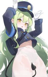 Rule 34 | 1girl, absurdres, armband, artist name, black hat, blue archive, blue armband, blush, buttons, commentary, cropped jacket, demon tail, double-breasted, gloves, green hair, green halo, halak0000, halo, hands up, hat, highres, hikari (blue archive), long hair, long sleeves, looking at viewer, navel, no pants, open mouth, panties, panties under pantyhose, pantyhose, peaked cap, pointy ears, sidelocks, simple background, solo, symbol-only commentary, tail, underwear, white background, white gloves, white panties, white pantyhose, yellow eyes