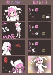Rule 34 | !, !!, 1girl, 1other, 4koma, ?, ^^^, absurdres, animal ears, baba is you, black eyes, comic, english text, gameplay mechanics, highres, hood, hoodie, personification, pink hair, pompmaker1, shorts, smile, sparkle, sparkle background, sweat, watermark