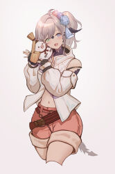 Rule 34 | 1girl, animal, animal hug, au ra, black gloves, brown hair, detached sleeves, dragon horns, dragon tail, feet out of frame, final fantasy, final fantasy xiv, fingerless gloves, flower, gloves, green eyes, hair flower, hair ornament, hat, head tilt, heterochromia, highres, horns, looking at viewer, midriff, navel, open mouth, puffy short sleeves, puffy sleeves, purple eyes, red shorts, scales, short sleeves, shorts, side ponytail, smile, solo, straw hat, tail, udongo99, vest, warrior of light (ff14), white background, white vest