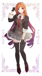 Rule 34 | 1girl, black gloves, black jacket, black thighhighs, blush, drill hair, frilled skirt, frills, full body, gloves, gradient hair, grey skirt, hairband, highres, jacket, kantai collection, long hair, looking at viewer, multicolored hair, necktie, open clothes, open jacket, parted lips, purple eyes, purple hair, red necktie, shakemi (sake mgmgmg), simple background, skirt, solo, thighhighs, very long hair, white hairband, yuugure (kancolle)