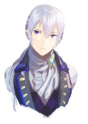 Rule 34 | 1boy, amatari sukuzakki, blue eyes, brooch, european clothes, fire emblem, fire emblem fates, jacket, jewelry, looking at viewer, male focus, nintendo, painting (medium), ponytail, portrait, silver hair, simple background, solo, traditional media, watercolor (medium), white background