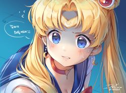 Rule 34 | 1girl, artist name, bishoujo senshi sailor moon, blonde hair, blue eyes, blue sailor collar, blush, breasts, choker, circlet, cleavage, commentary request, crescent, crescent earrings, dated, derivative work, earrings, hair ornament, hair over shoulder, heart, heart choker, ika (4801055), jewelry, long hair, meme, parted bangs, parted lips, red choker, sailor collar, sailor moon, sailor moon redraw challenge (meme), shaded face, solo, teeth, translation request, tsukino usagi, twintails, twitter username, upper body