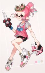 Rule 34 | 1girl, basketball jersey, bike shorts, black shorts, border, closed mouth, color guide, commentary, commission, cross-laced footwear, crown, dated, dual wielding, english commentary, floating, grey background, grey headwear, grey shirt, holding, holding weapon, inkling, inkling (language), inkling girl, inkling player character, looking at viewer, nintendo, no socks, pink hair, pink shirt, pointy ears, purple eyes, shirt, shoes, short hair, short shorts, short sleeves, shorts, single vertical stripe, smile, sneakers, solo, splatoon (series), splatoon 2, tentacle hair, tetra dualies (splatoon), tilted headwear, weapon, white border, white footwear, wristband, yeneny