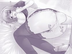 Rule 34 | 1girl, aftersex, ass, ass grab, bed, bed sheet, bent over, blush, bra, breasts, censored, cum, cum in pussy, cum string, hairband, large breasts, lingerie, looking back, maid, monochrome, nipples, no panties, open clothes, open mouth, open shirt, penis, purple theme, saliva, sex, sheet grab, shirt, short hair, solo focus, tears, thighhighs, underwear, uni8