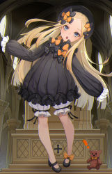 Rule 34 | 1girl, abigail williams (fate), black bow, black dress, black hat, blonde hair, bloomers, blue eyes, blush, bow, breasts, dress, fate/grand order, fate (series), forehead, full body, hair bow, hat, highres, long hair, long sleeves, looking at viewer, multiple hair bows, open mouth, orange bow, parted bangs, polka dot, polka dot bow, ribbed dress, sleeves past fingers, sleeves past wrists, small breasts, solo, stuffed animal, stuffed toy, teddy bear, underwear, white bloomers, yumuku