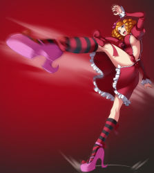 Rule 34 | &gt;:d, 07th expansion, 1girl, :d, absurdres, artist request, ass, blonde hair, blue eyes, breasts, dress, drill hair, full body, gaap (umineko), game cg, high heels, highres, juliet sleeves, kicking, kneehighs, leg up, long sleeves, motion blur, no bra, no panties, official art, open mouth, puffy sleeves, red background, red dress, roundhouse kick, side slit, sideboob, simple background, smile, socks, solo, standing, standing on one leg, striped clothes, striped socks, teeth, thighs, tongue, umineko no naku koro ni, v-shaped eyebrows