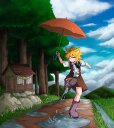 Rule 34 | 1girl, after rain, ahoge, animal ear fluff, animal ears, asymmetrical hair, black necktie, blonde hair, blue sky, boots, brown skirt, brown vest, closed eyes, closed mouth, cloud, collared shirt, commentary request, cookie (touhou), day, forest, fox ears, fox girl, full body, grass, highres, holding, holding umbrella, kicking, medium hair, miramikaru riran, nature, necktie, outdoors, path, puddle, purple footwear, road, rock, rubber boots, shirt, short sleeves, shrine, sidelocks, skirt, sky, smile, solo, umbrella, vest, water, white shirt, yan pai