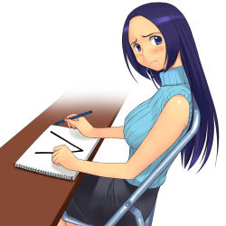 Rule 34 | 00s, 1girl, a1 (initial-g), bare shoulders, blue eyes, blue hair, blush, chair, desk, folding chair, idolmaster, idolmaster (classic), idolmaster 1, long hair, looking at viewer, matching hair/eyes, miura azusa, notebook, pen, sleeveless, sleeveless turtleneck, solo, turtleneck, v, white background
