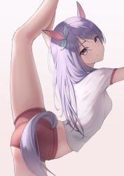 Rule 34 | 1girl, animal ears, arched back, ass, bare legs, breasts, cowboy shot, crop top, hair ribbon, highres, horse ears, horse girl, horse tail, leg lift, leg up, long hair, looking at viewer, marinesnow, medium breasts, mejiro mcqueen (umamusume), micro shorts, midriff, purple eyes, purple hair, red shorts, ribbon, shirt, short shorts, short sleeves, shorts, simple background, smile, solo, split, standing, standing on one leg, standing split, tail, thighs, umamusume, white background, white shirt
