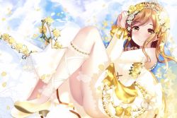 Rule 34 | 1girl, artist name, artist request, bare legs, bare shoulders, blue sky, blush, bow, breasts, bride, brown eyes, brown hair, cleavage, cloud, collarbone, depe, depe874, dress, female focus, flower, full body, hair between eyes, hair flower, hair ornament, high heels, jewelry, kunikida hanamaru, light brown hair, long hair, looking at viewer, love live!, love live! school idol festival, love live! sunshine!!, medium breasts, necklace, necktie, outdoors, parted lips, pearl necklace, pearls, petals, skirt, sky, smile, solo, tiara, wedding, wedding dress, yellow bow, yellow eyes, yellow high heels, yellow skirt