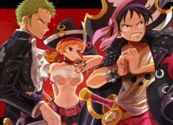 Rule 34 | 1girl, 2boys, arm behind back, black hair, black skirt, breasts, commentary request, eyelashes, green hair, hat, highres, jacket, jolly roger, large breasts, leather, leather jacket, long hair, midriff, monkey d. luffy, multiple boys, nami (one piece), navel, oekakiboya, one piece, one piece film: red, orange eyes, orange hair, pirate hat, red background, roronoa zoro, serious, shirt, short hair, simple background, skirt, sword, tattoo, underboob, weapon