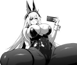 1girl animal_ears azur_lane azur_lane:_slow_ahead black_leotard black_pantyhose blush breasts cameltoe cellphone covered_navel crossed_bangs eyepatch fake_animal_ears fritz_rumey_(azur_lane) fritz_rumey_(schwarzes_kaninchen)_(azur_lane) greyscale grin highres holding holding_phone hori_(hori_no_su) huge_breasts leotard mole mole_under_eye monochrome official_alternate_costume official_art pantyhose phone playboy_bunny rabbit_ears simple_background smartphone smile solo spread_legs sweat thigh_strap white_background wrist_cuffs