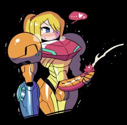 Rule 34 | ..., 1girl, arm cannon, armor, black background, blonde hair, blue eyes, blush, breastplate, closed mouth, cropped legs, cum, ejaculation, futanari, hair over one eye, heart, highres, jaggy lines, long hair, metroid, nintendo, one eye covered, pauldrons, penis, ponytail, projectile cum, rariatto (ganguri), samus aran, shoulder armor, simple background, solo, spoken ellipsis, spoken heart, standing, testicles, trembling, weapon