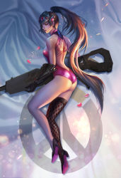 Rule 34 | 1girl, ass, back, backless outfit, colored skin, fan yang (jiuge), fishnet thighhighs, fishnets, gun, leotard, logo, long hair, lying, on side, overwatch, overwatch 1, ponytail, purple skin, rifle, single thighhigh, smile, solo, thighhighs, visor, weapon, widowmaker (overwatch)